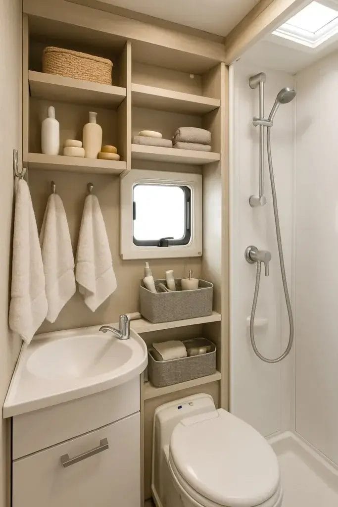 A compact RV bathroom with clever storage solutions for toiletries, towels, and other essentials