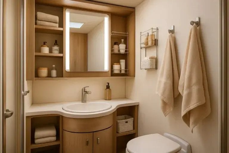 A compact RV bathroom with clever storage solutions for toiletries, towels, and other essentials