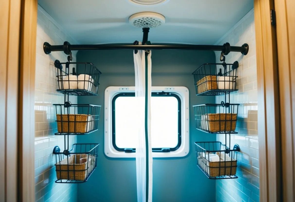 Tension rods hold shower caddies and baskets in a small RV shower, maximizing storage space