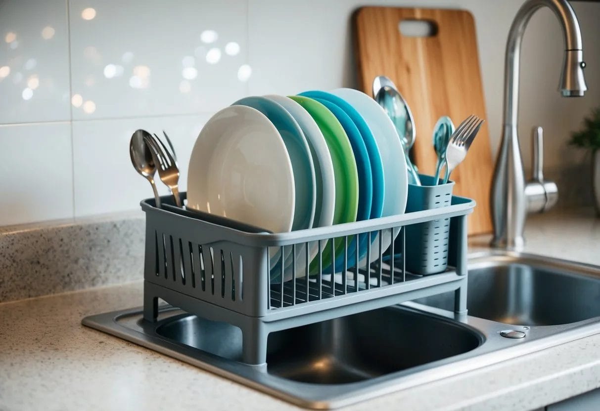 A collapsible dish drying rack sits on a countertop next to a sink, holding various dishes and utensils