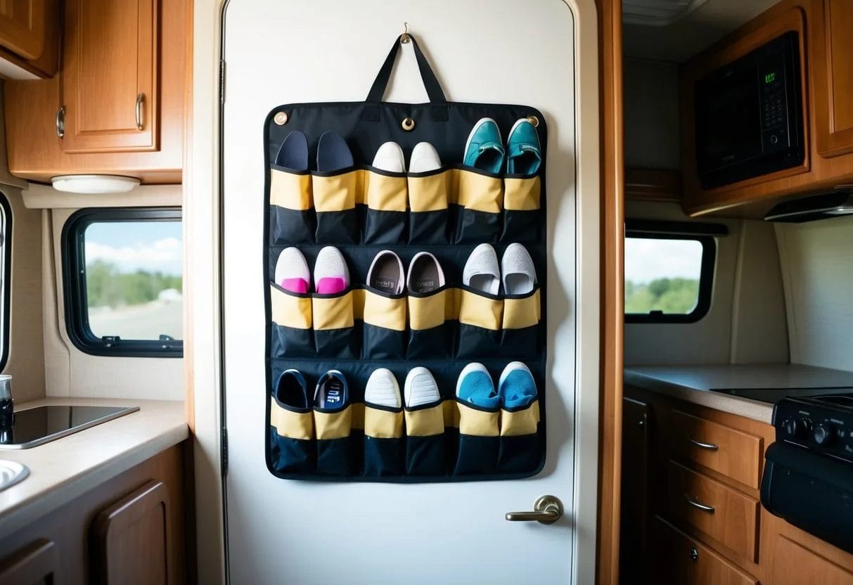 A shoe organizer hanging on the back of an RV door, filled with various shoes and small items neatly arranged in the pockets