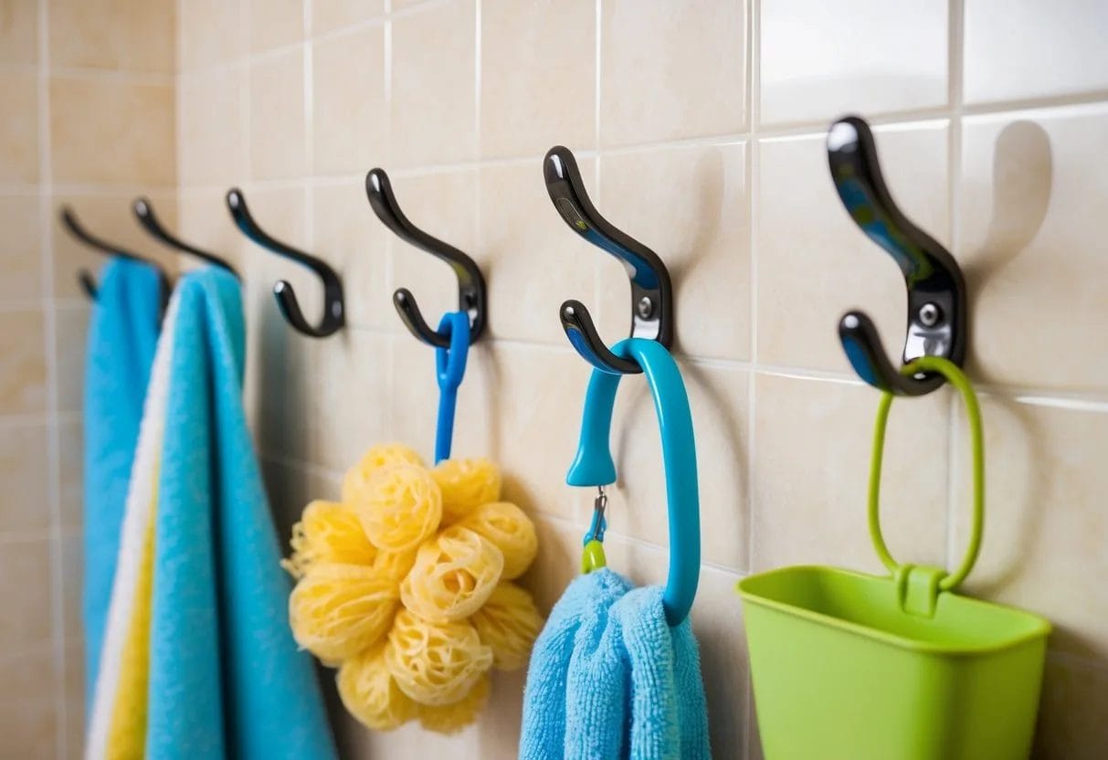Several adhesive bathroom hooks are attached to the tiled wall, holding various bathroom storage items such as towels, loofahs, and shower caddies