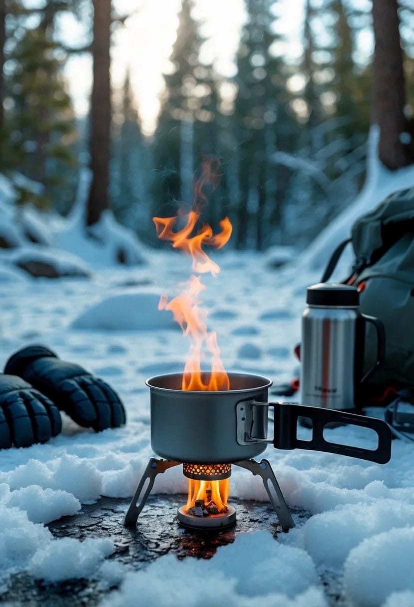 A small camping stove melting snow outdoors in a snowy forest with winter camping gear nearby.