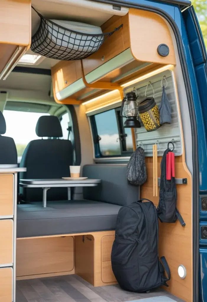 Interior of a campervan showing various creative storage solutions like under-seat drawers, overhead nets, fold-out tables, and hooks holding camping gear.