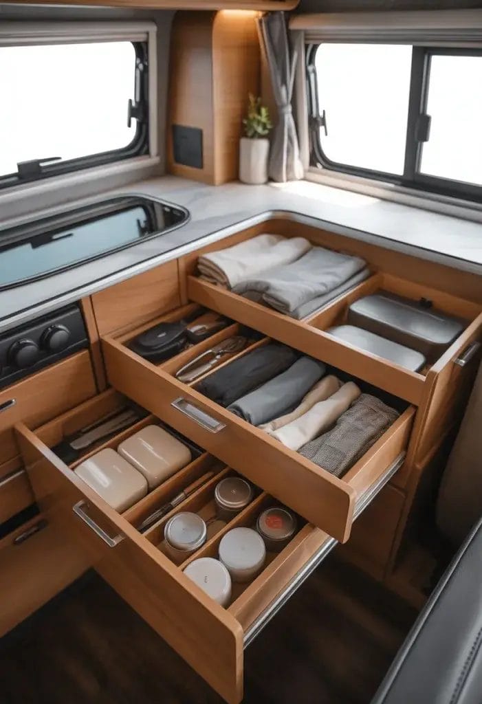 Interior of a campervan with organized drawers and compartments storing camping essentials.