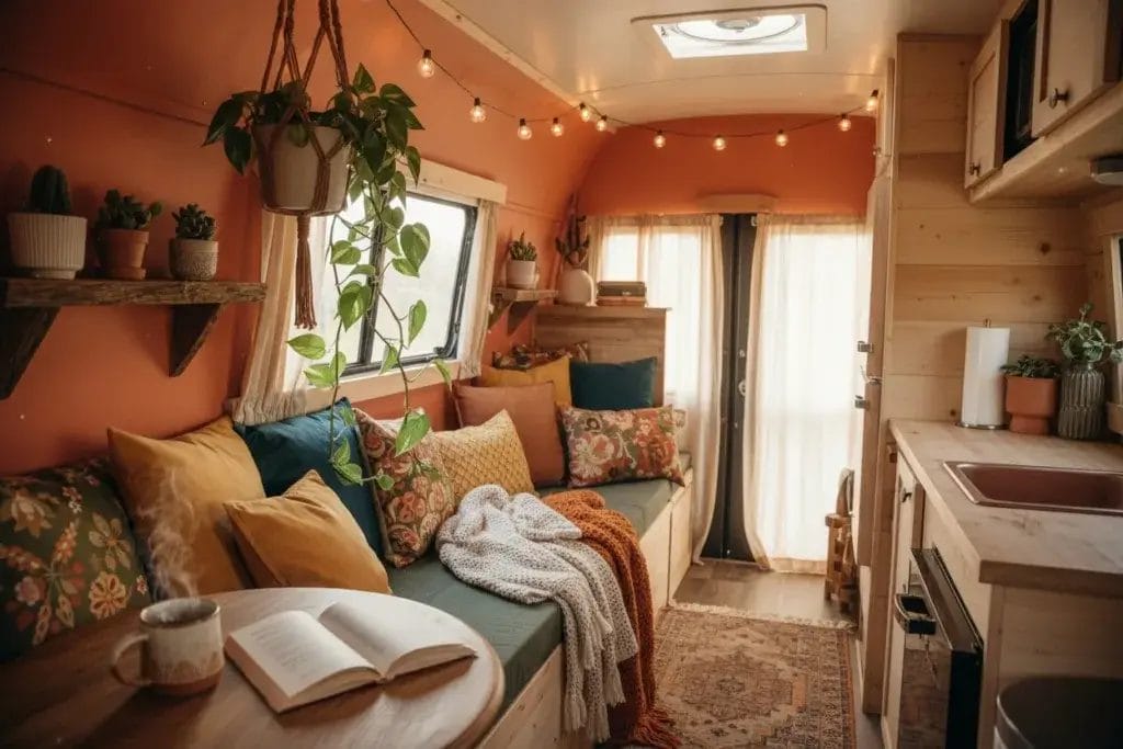 Interior of a camper with one wall painted in a warm color, decorated with colorful cushions, plants, and cozy furnishings.