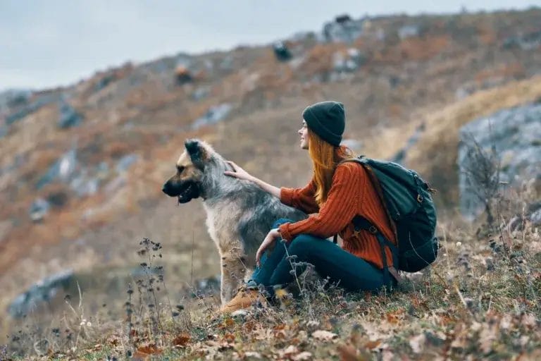 Woman and dog sitting down on a hiking trail looking at the hills.
