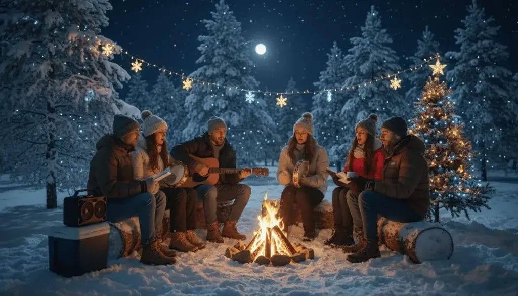 People gathered around a campfire in a snowy forest, singing and playing instruments during a Christmas camping trip.