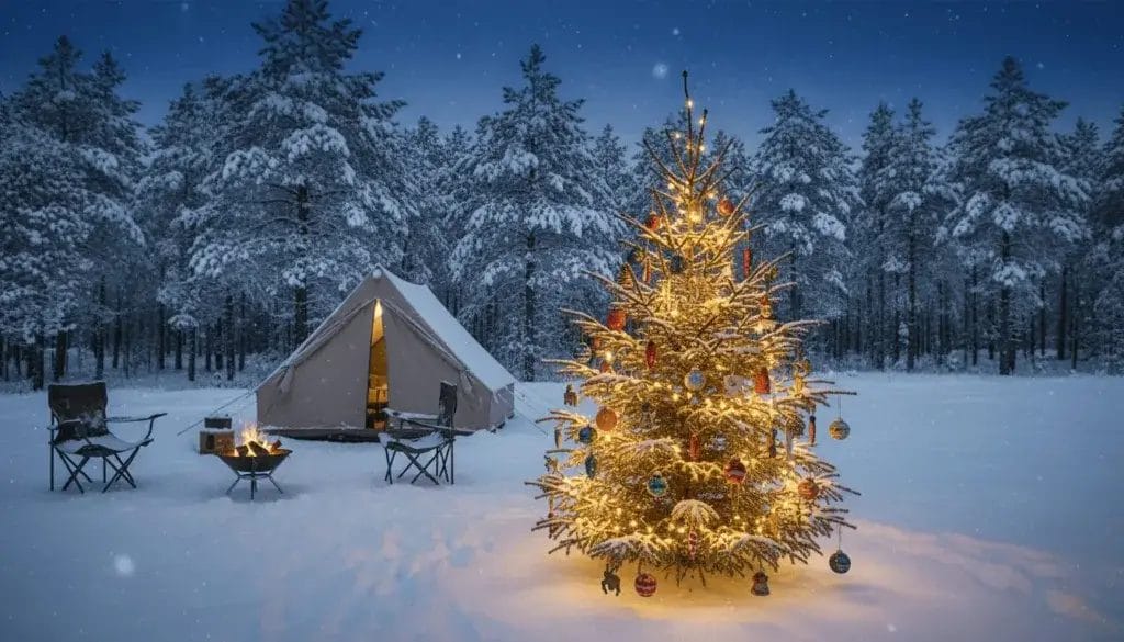 A small outdoor Christmas tree decorated with ornaments and fairy lights at a campsite surrounded by snow and forest.