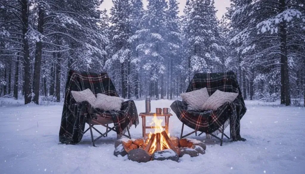 Two camping chairs wrapped in blankets and cushions set up in a snowy forest with pine trees and a campfire nearby.