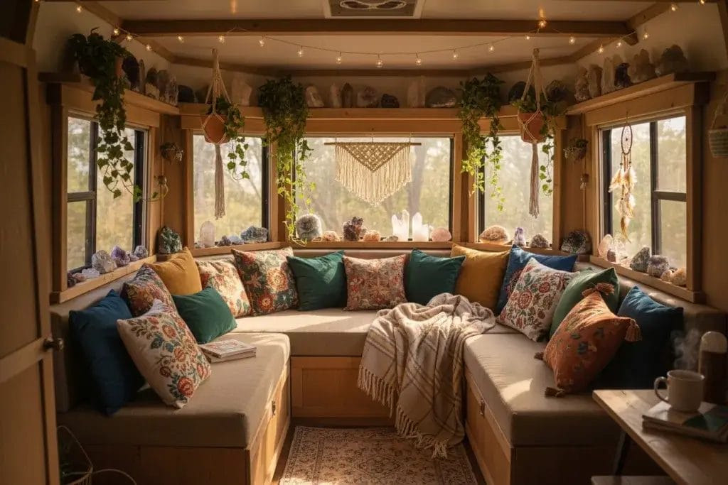 Cozy camper interior with crystals and quartz stones, colorful cushions, plants, and warm natural light creating a peaceful atmosphere.