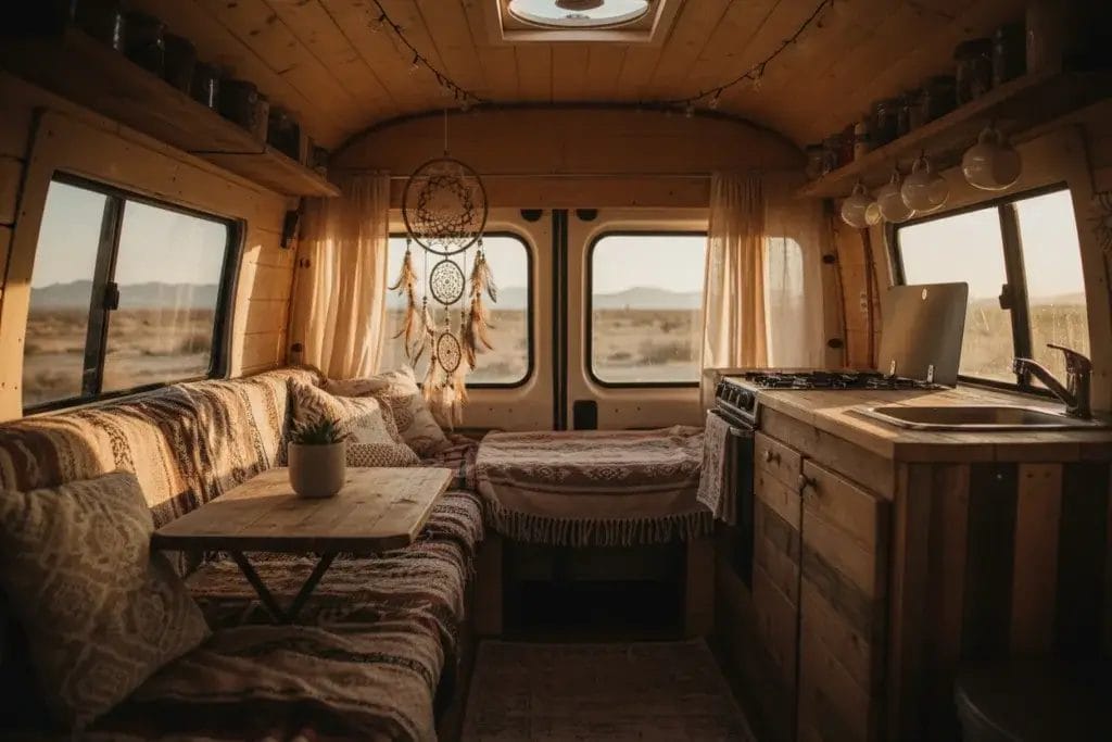 Interior of a camper van with dreamcatchers hanging near the windows and sunlight coming through.