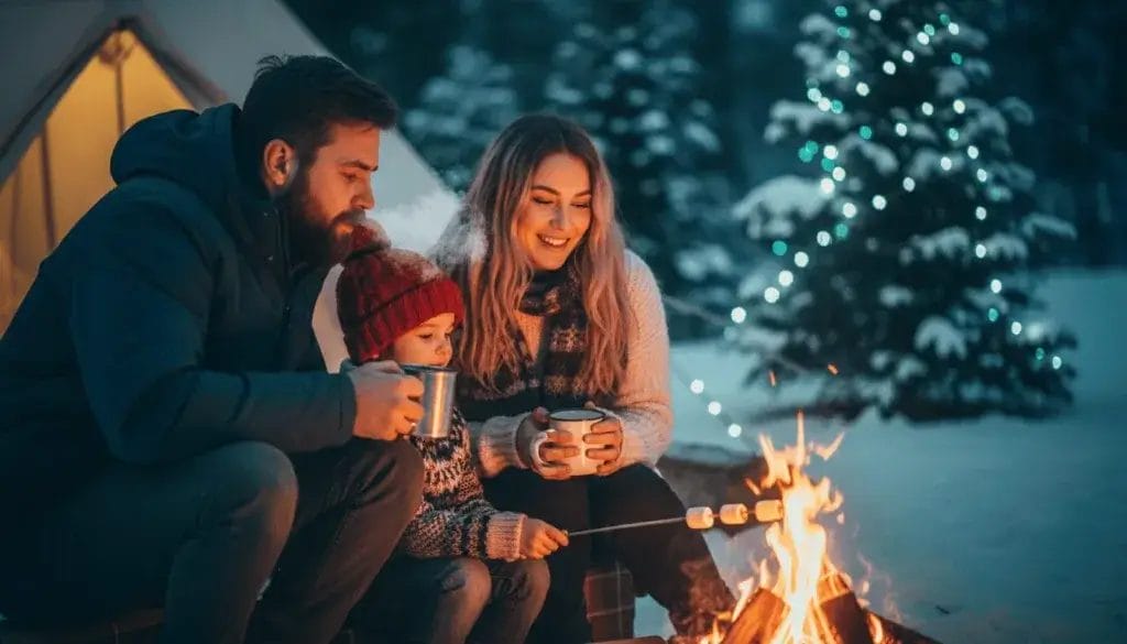 A family gathered around a campfire at a snowy campsite with a tent and pine trees, enjoying a winter camping trip during Christmas.