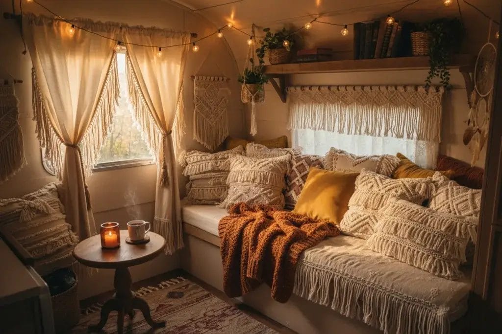 Interior of a camper with pillows and curtains featuring fringe details, warm lighting, and cozy decorative elements.