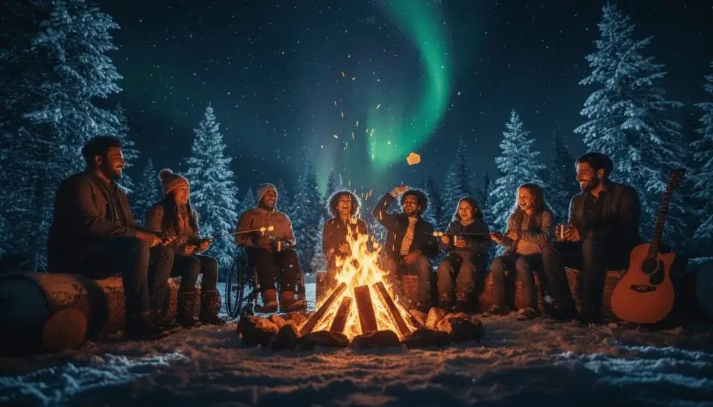 A group of people playing festive games around a campfire in a snowy forest at night.