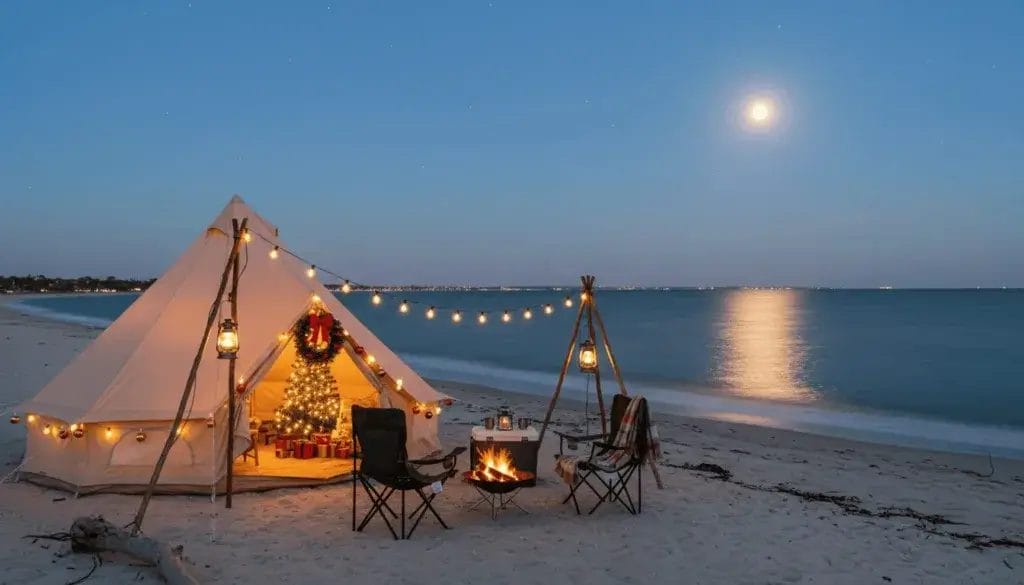 A cozy beach campsite with a tent decorated for Christmas near calm ocean waves under a clear sky.