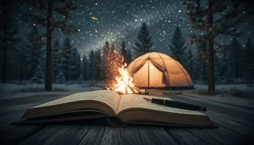 An open journal on a wooden table at a snowy campsite with a tent and campfire surrounded by pine trees.