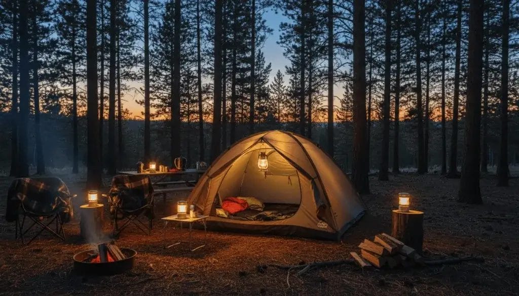 A campsite at dusk with battery-powered lanterns glowing warmly inside and outside a tent surrounded by pine trees.