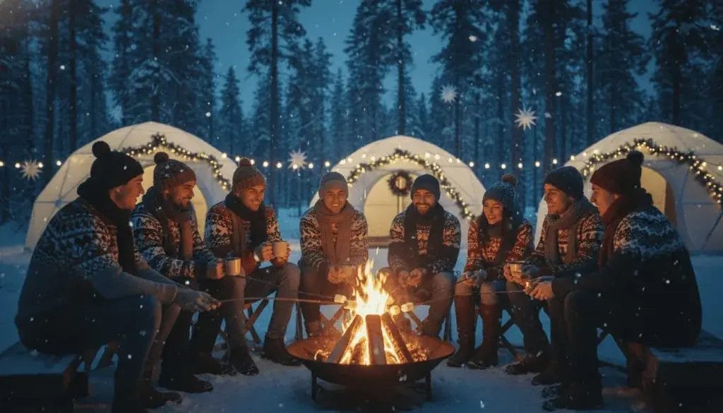 A group of people wearing colorful holiday sweaters and warm layers gathered around a campfire in a snowy forest with tents and holiday decorations nearby.