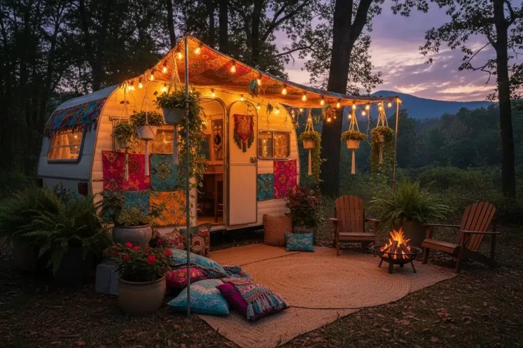 A vintage camper decorated with colorful fabrics and plants, softly lit by warm string lights in an outdoor setting at dusk.