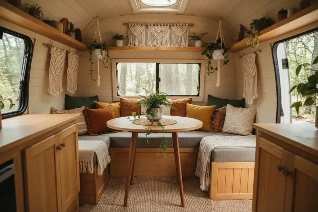Interior of a camper decorated with macramé wall hangings, plants, cushions, and wooden furniture in a cozy living space.