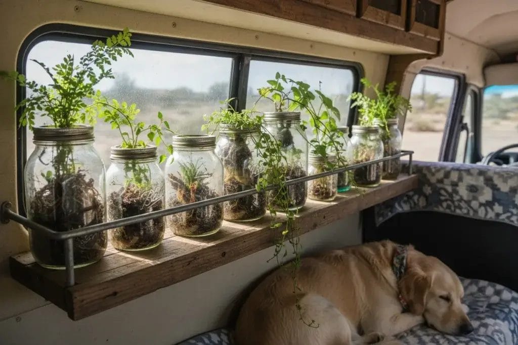 A collection of old glass jars used as plant holders with green plants inside, arranged on a wooden surface inside a camper van.
