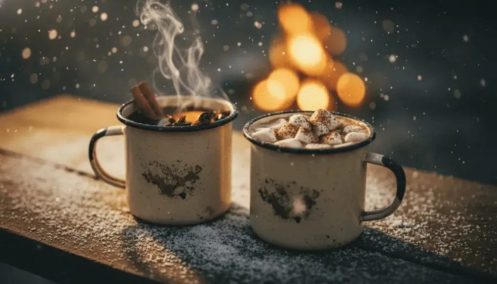 A winter camping scene with a campfire and insulated mugs filled with hot cocoa and mulled cider on a wooden table surrounded by snow and pine trees.