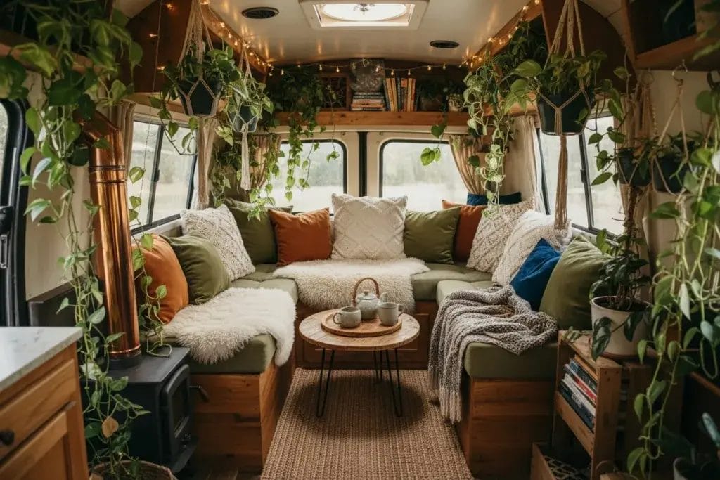 Interior of a camper decorated with many indoor plants, cushions, and cozy seating.