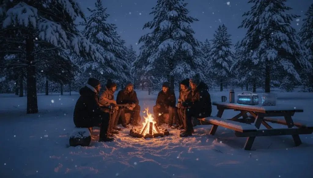 A group of people gathered around a campfire in a snowy forest with a portable speaker on a picnic table playing music.