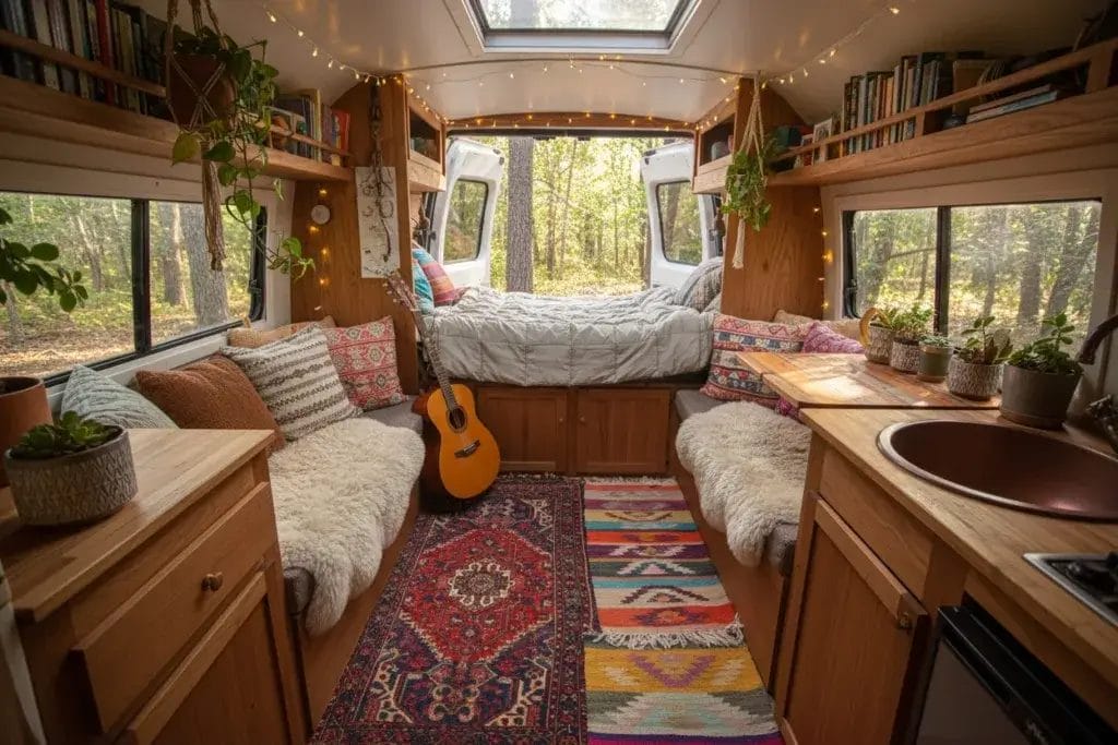 Interior of a camper van with multiple colorful layered rugs on the floor, wooden furniture, cushions, and plants.