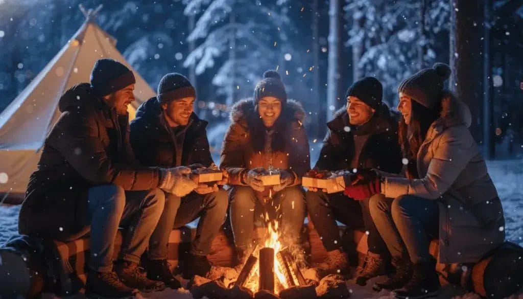 A group of friends exchanging small wrapped gifts around a campfire at a snowy campsite with a tent and pine trees in the background.