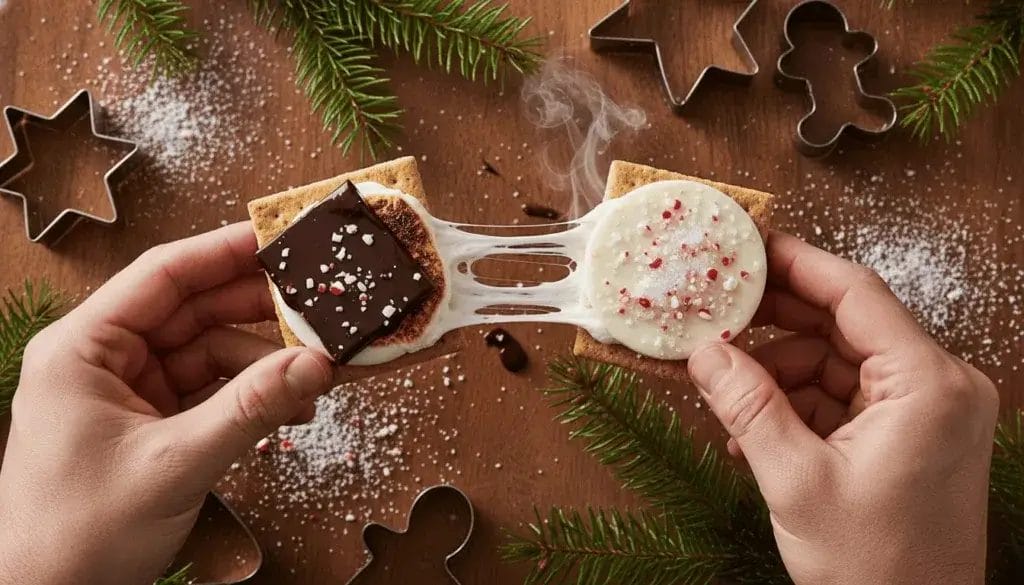 Hands roasting marshmallows over a campfire with Christmas-themed s’mores ingredients on a wooden table surrounded by snow-dusted pine trees and festive lights.