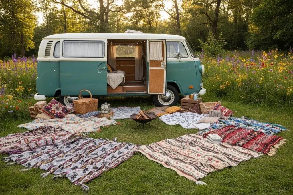 An outdoor camping scene with colorful patterned throw blankets spread around a camper van surrounded by greenery and wildflowers.