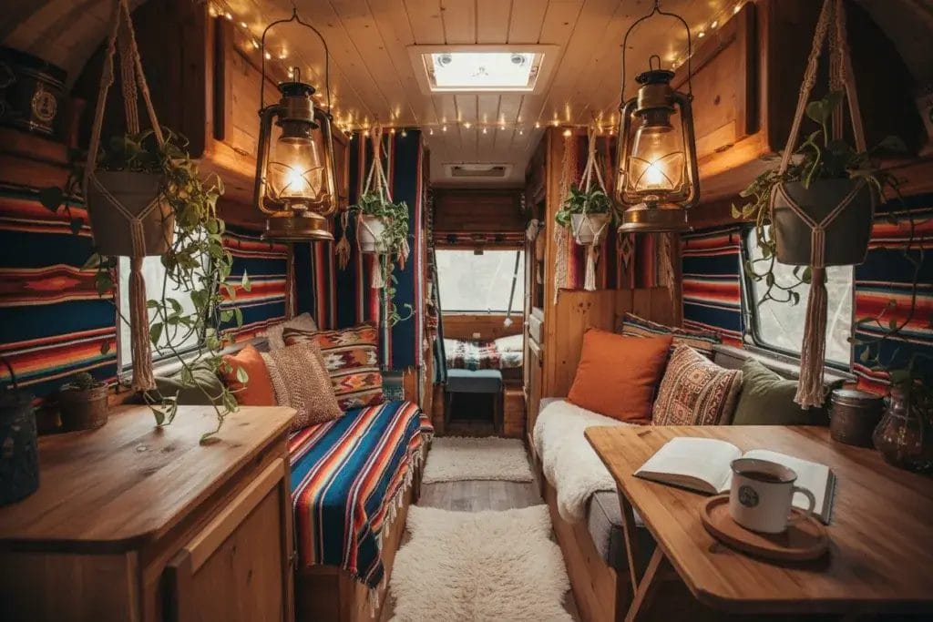 Interior of a camper decorated with vintage lanterns, colorful textiles, plants, and wooden accents creating a warm and inviting atmosphere.
