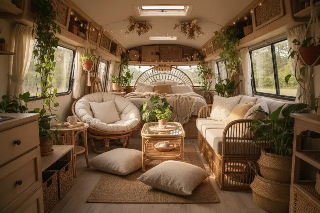 Interior of a camper with wicker and rattan furniture, plants, and natural light coming through large windows.