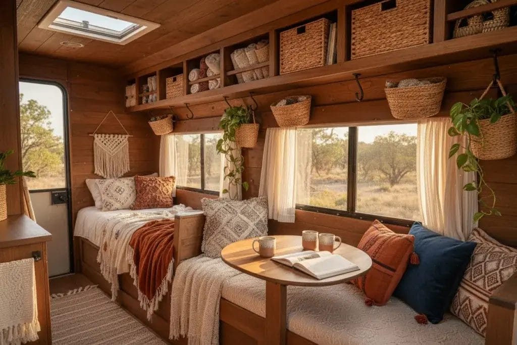 Interior of a camper with woven baskets used for extra storage on shelves and hooks, surrounded by plants and textiles.