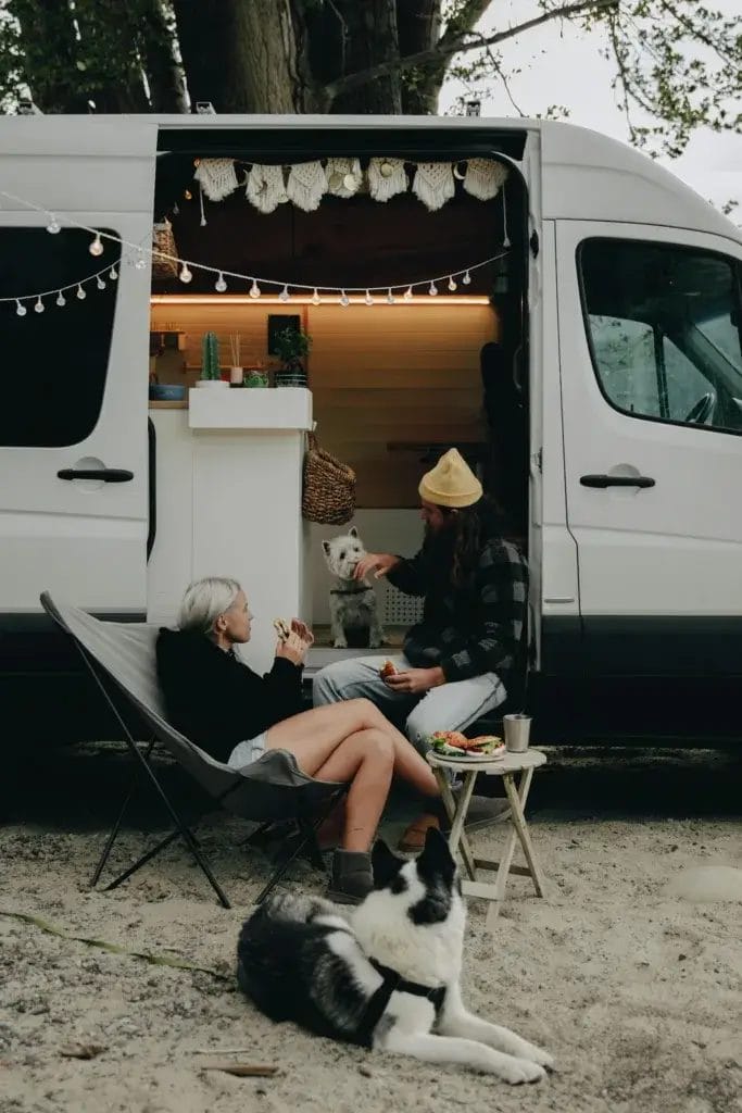 Cozy outdoor gathering by a campervan, featuring two people and their dogs enjoying a peaceful day.