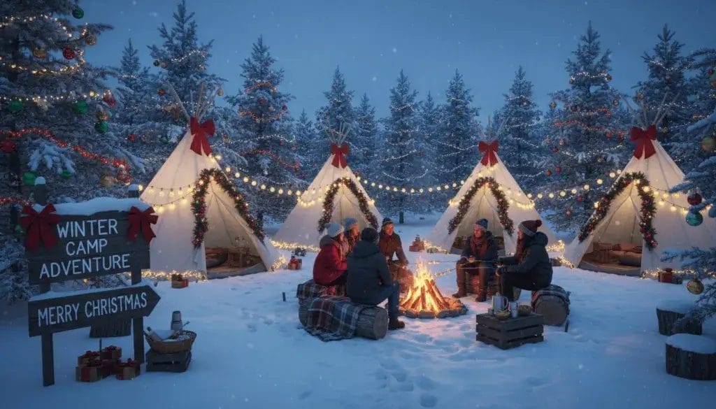 A cozy campsite in a snowy forest with a decorated tent, campfire, picnic table with holiday items, and evergreen trees in the background.