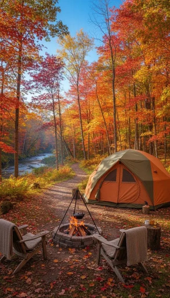 A cozy campground with a tent, fire pit, and hiking trails surrounded by colorful autumn trees under a clear sky.