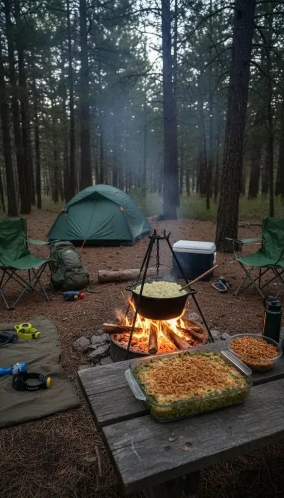 A campfire with mashed potatoes cooking in a pot and a dish of green bean casserole on a picnic table in a forest clearing with camping gear nearby.