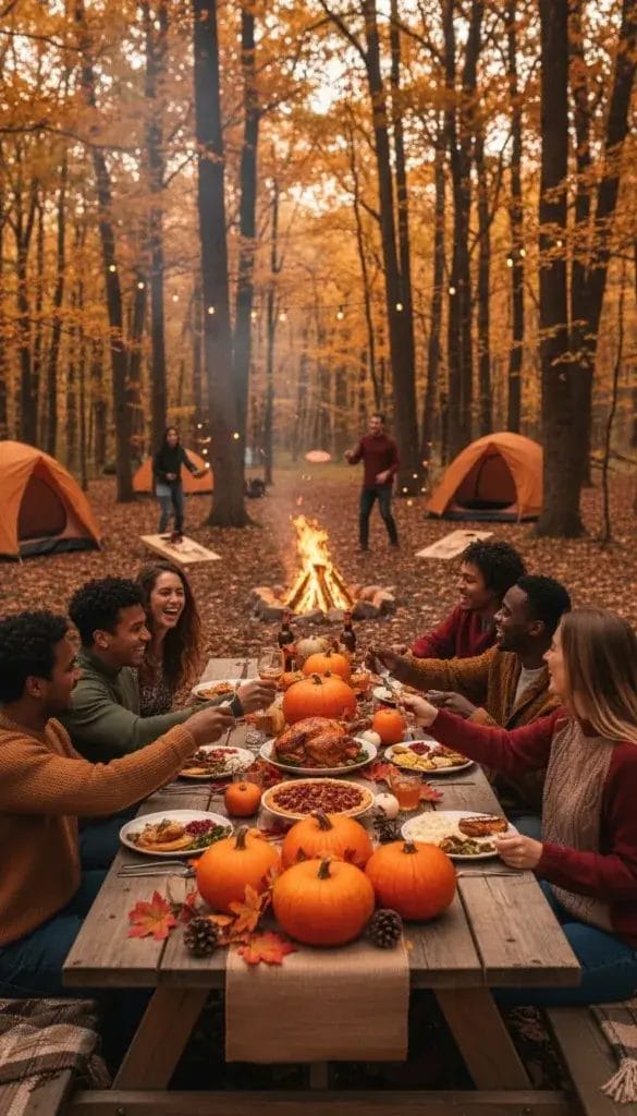 A group of people camping in a forest clearing, gathered around a campfire and picnic table decorated with pumpkins and fall leaves, enjoying a Thanksgiving meal and outdoor activities.