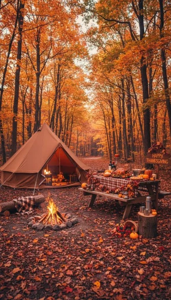 Autumn camping scene with a Thanksgiving meal on a picnic table, campfire and bell tent.