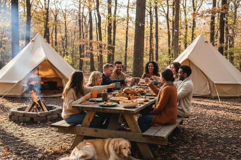 People enjoying a Thanksgiving meal outdoors at a picnic table in a forest with tents and a campfire nearby.