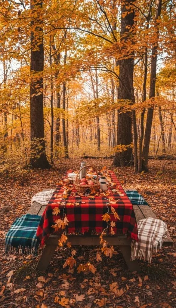 An outdoor picnic table decorated with autumn leaves, plaid blankets, and fairy lights in a forest setting during fall.