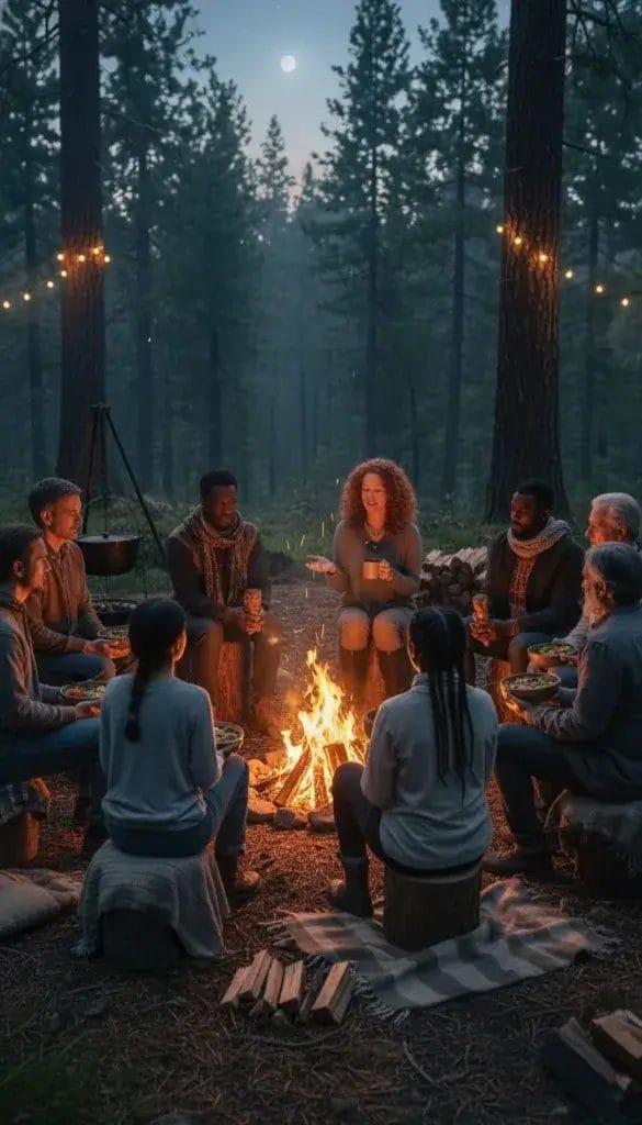 A diverse group of people sitting in a circle around a campfire outdoors, sharing moments of gratitude before dinner.