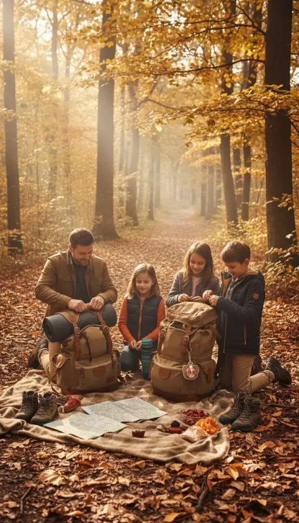 A family packing backpacks and preparing for a hiking trip in a forest with autumn leaves and sunlight filtering through the trees.