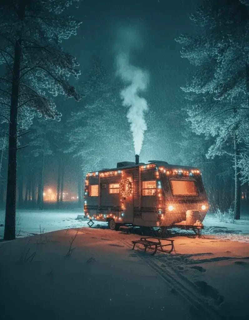 An RV decorated with Christmas lights and wreaths, surrounded by snow and pine trees in a winter setting.