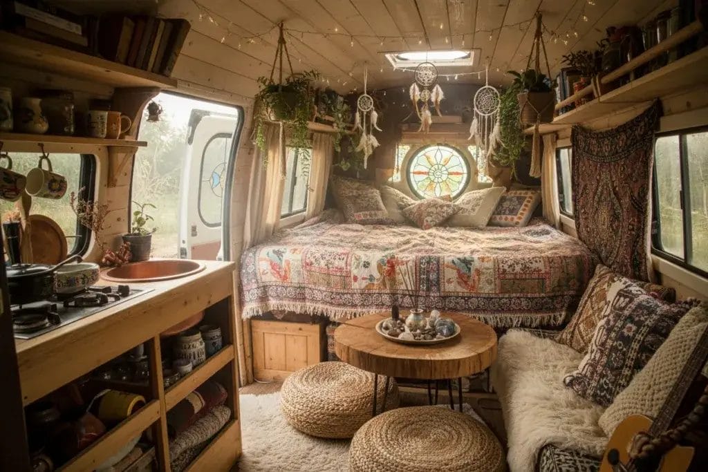 Interior of a camper with one wall painted in a warm color, decorated with colorful cushions, plants, and cozy furnishings.