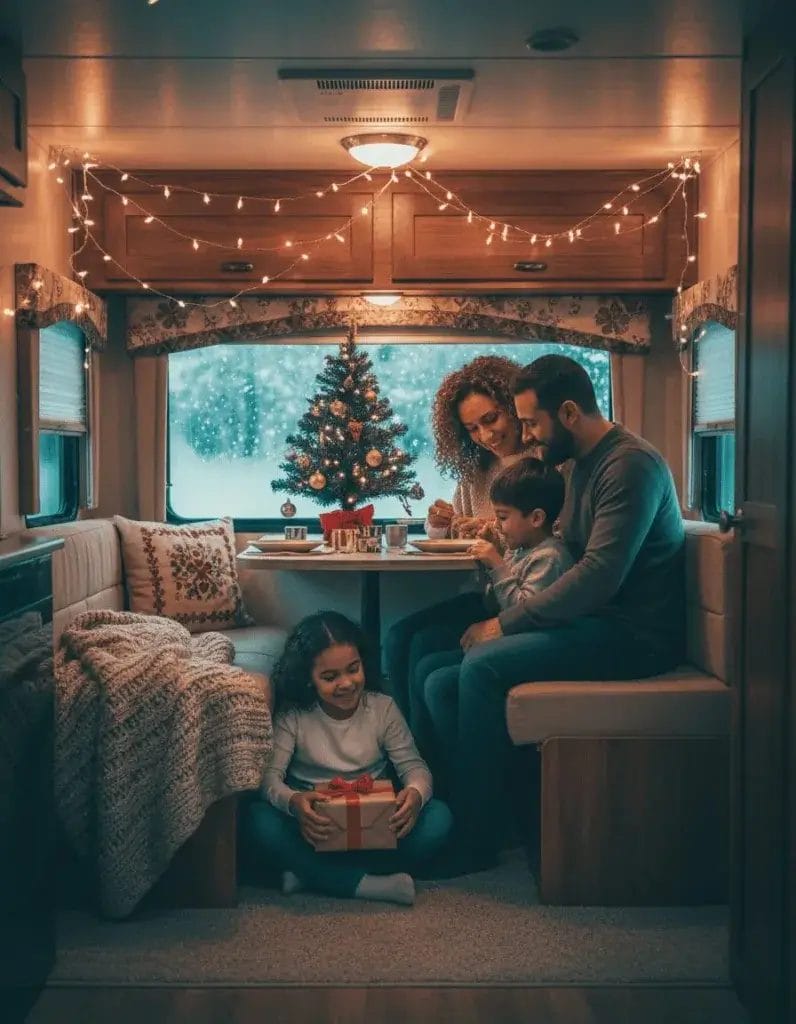 Family inside a decorated RV enjoying Christmas together with snow visible outside.