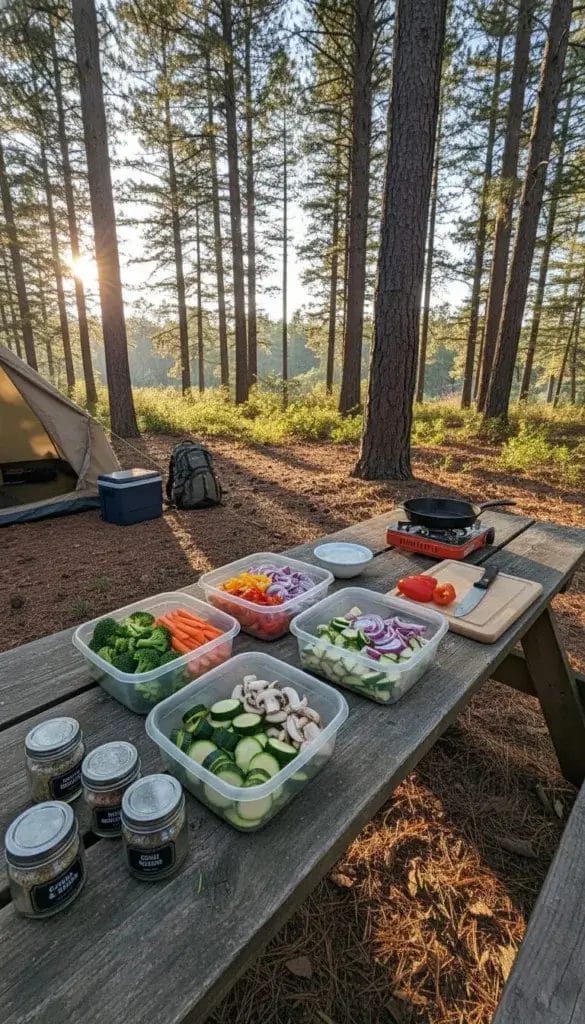 Containers of pre-chopped vegetables and pre-measured spices arranged on a wooden picnic table in a forest camping setting.